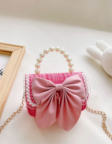65613 Bolsa cuadrada neón rosado con diseño de perla artificial y lazo con solapa con cadena