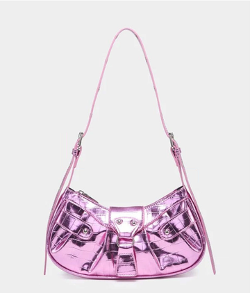 83353 Bolso hobo medio con diseño de tachuela con diseño fruncido de color metálico rosado