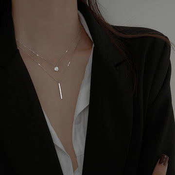 Collar de Doble Capa de Plata de Ley 925, Collares con Colgante Largo de Circón Completo Brillante Redondo, Regalo para Niña, Accesorios Finos NK062