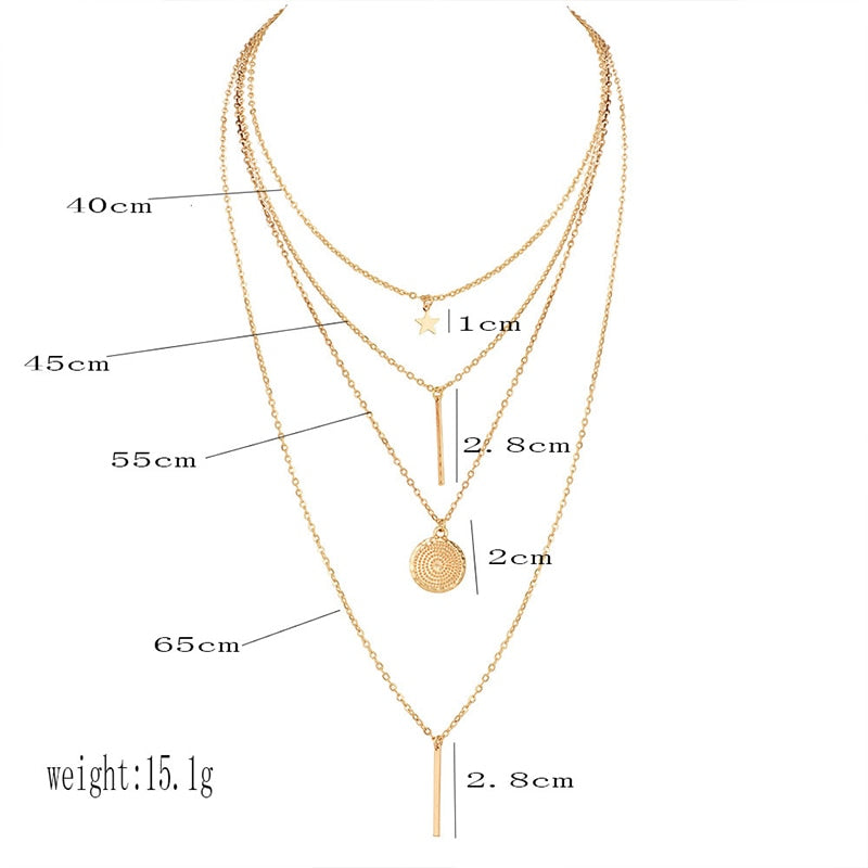 Set Estrella de Moda Colgante de Cadena Redonda Multicapa Collar Largo Mujeres Simple Collar Dorado Conjunto Encanto Regalo de San Valentín