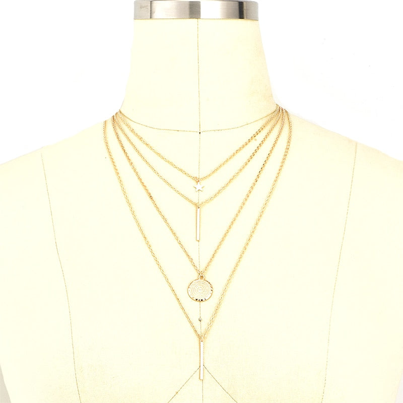 Set Estrella de Moda Colgante de Cadena Redonda Multicapa Collar Largo Mujeres Simple Collar Dorado Conjunto Encanto Regalo de San Valentín